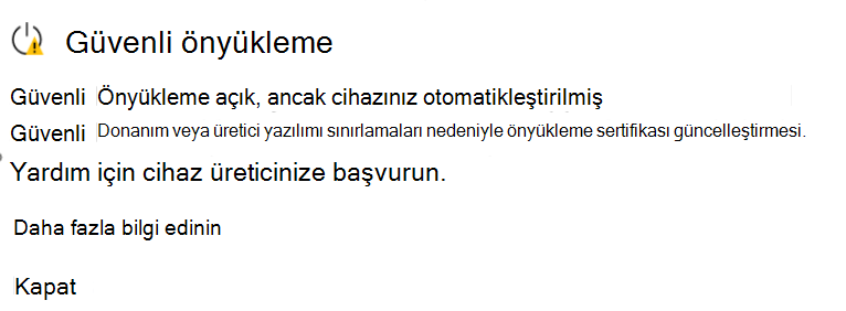 Sarı bir uyarı simgesiyle Henüz güncelleştirilmedi durumunu gösteren Güvenli Önyükleme bölümü.