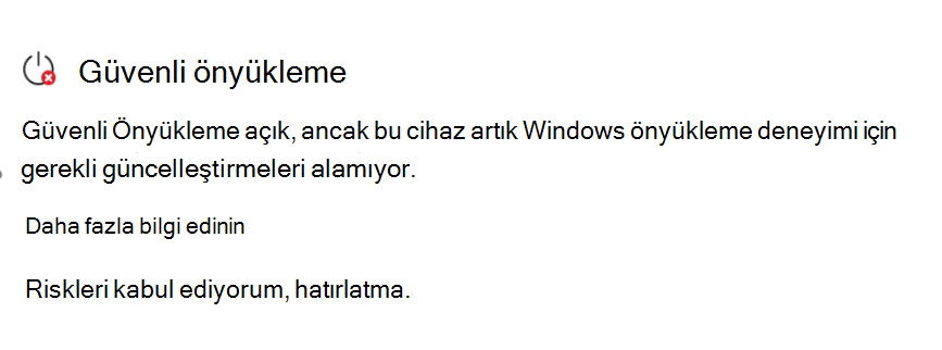 Kırmızı bir durdurma simgesiyle birlikte Eylem gerektiriyor durumunu gösteren Güvenli Önyükleme bölümü.