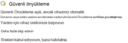 Güvenli Önyükleme sertifika güncelleştirmelerinin engellendiğini belirten Windows Güvenliği uyarının ekran görüntüsü