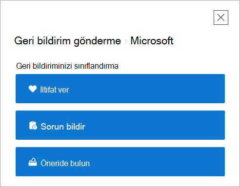 Yardım Alın uygulamasında Geri Bildirimde Bulunun üst düzey sayfası.