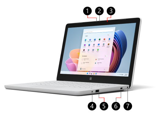 Cihazın fiziksel özelliklerine yakın sayılar içeren açık bir Surface Laptop SE.