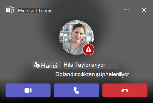 Microsoft Teams'de dolandırıcılıktan şüphelenilen aramanın ekran görüntüsü.