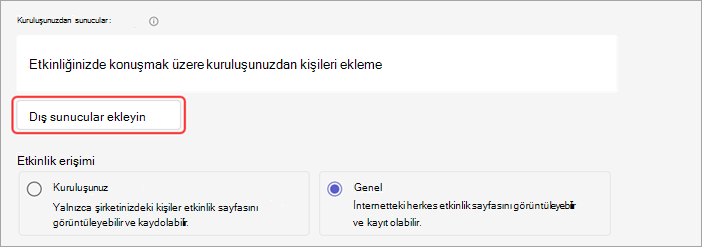 Web seminerine nasıl dış sunucu ekleneceğini gösteren ekran görüntüsü