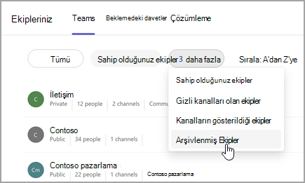 Arşivlenmiş ekipleri görüntüleme seçeneğinin bulunduğu Ekipleriniz sayfasının ekran görüntüsü. Arşivlenmiş Ekipler'i seçmek için Sahip olduğunuz Ekipler'in yanındaki açılan listeyi seçin.