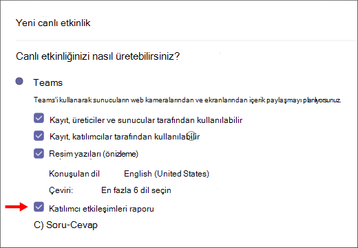 Katılımcı etkileşimleri raporu onay kutusu ekranı