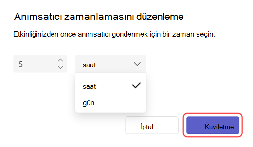 Teams'de anımsatıcı e-posta gönderme zamanı düzenleyicisinin ekran görüntüsü.