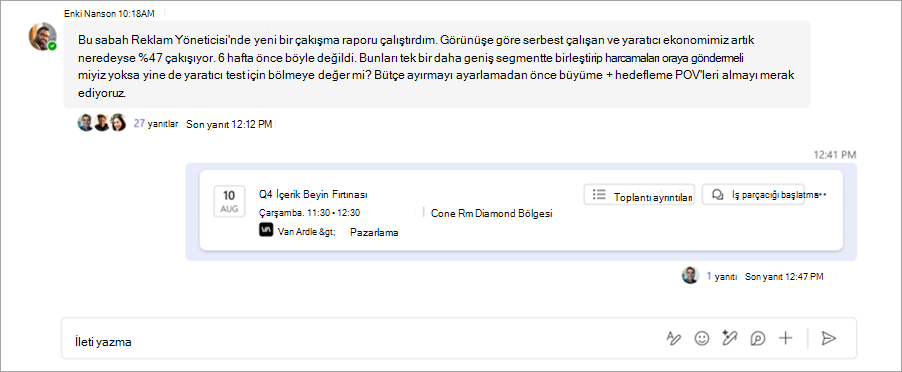 Bir Microsoft Teams kanalındaki yazışma biçimindeki toplantı sohbetini gösteren ekran görüntüsü.