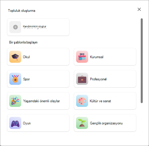 Microsoft Teams'deki Topluluklar'da şablonlu veya şablonsuz bir topluluk oluşturma düğmelerinin ekran görüntüsü (ücretsiz).