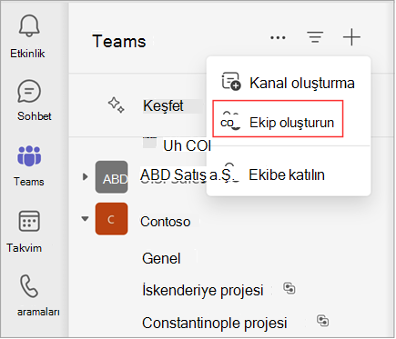 Kanal oluşturma, ekip oluşturma veya ekibe katılma seçeneklerinin bulunduğu bir menünün ekran görüntüsü. Ekip oluşturmak için Ekip oluştur'u seçin. Ayrıca mevcut ekiplerin ve kanalların listesini de gösterir.