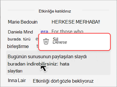 Genel toplantı sohbetinden bir iletinin nasıl silineceğini gösteren ekran görüntüsü.