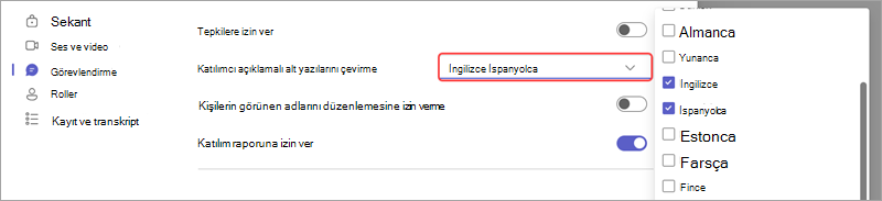 Bir etkinlikte canlı çevrilmiş alt yazılar için dil eklemeyi gösteren toplantı seçeneği.