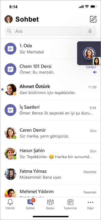 Mobil cihazda Tartışma Odası sohbeti.