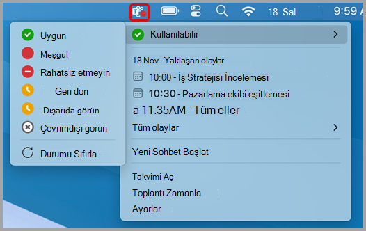 Mac'te Teams için hızlı işlemler menüsünü gösteren ekran görüntüsü.