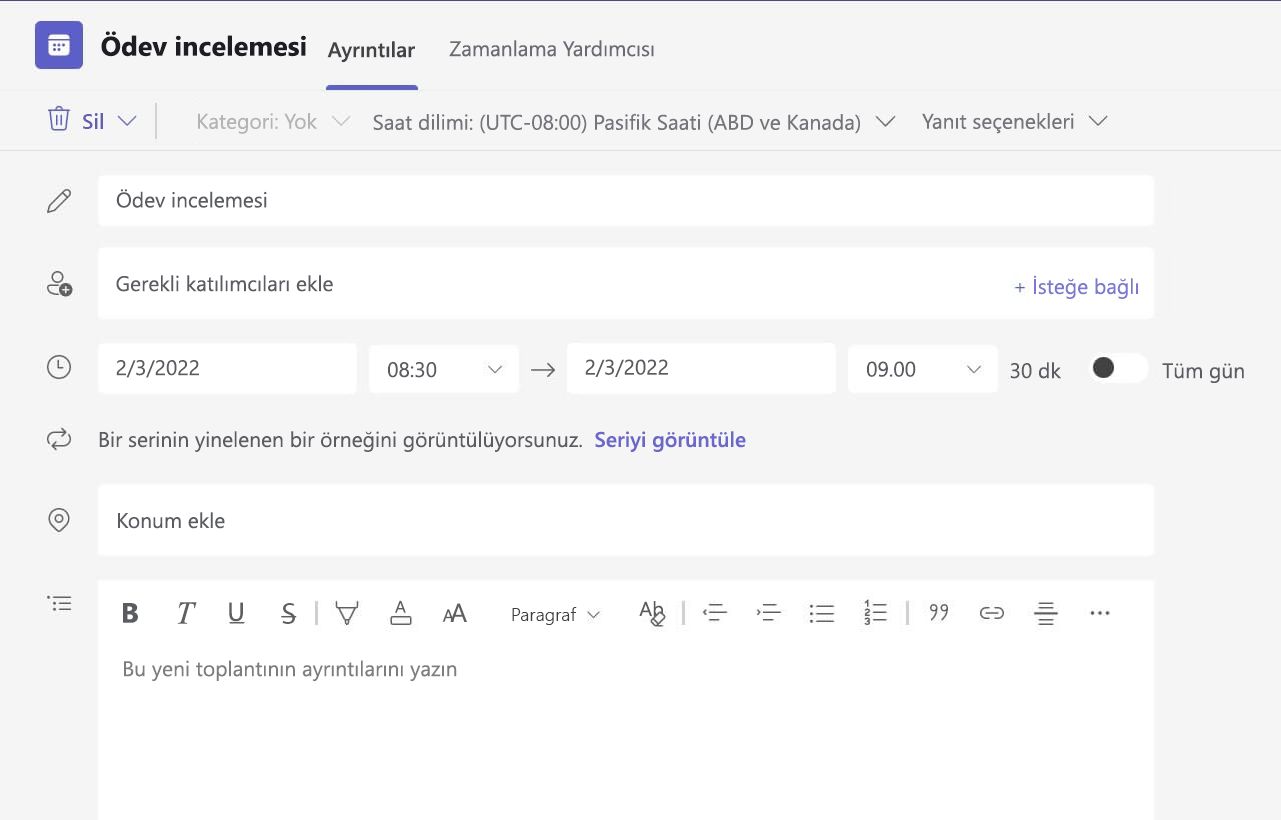 Teams'in web sürümünde, toplantı ayrıntısı yok ekran görüntüsü