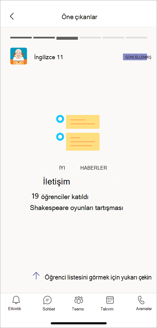 Mobil görünümdeki İçgörüler'den bir İletişim verileri öne çıkarı, bir öğretmene 19 öğrencinin bir Shakespeare tartışmasına katıldığını gösteriyor.