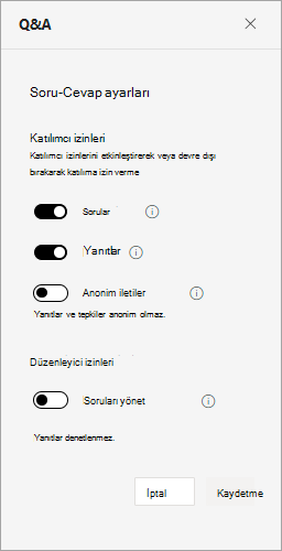 Bir genel toplantı sırasında Soru-Cevap ayarlarını gösteren ekran görüntüsü