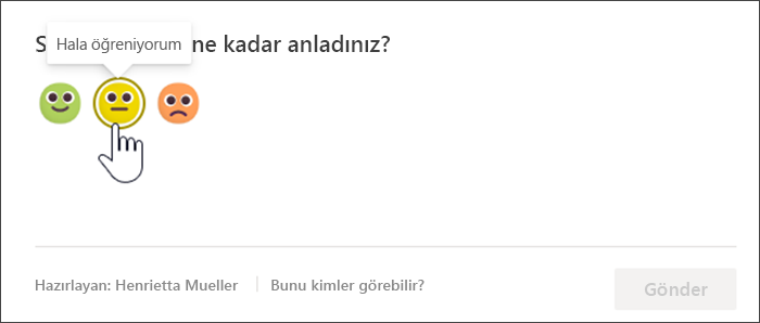 Yansıtmalı girişlerin öğrenci görünümünün onlar yanıt vermeden önceki ekran görüntüsü. Fare sarı, emin olmayan emojinin üzerine gelir ve bir araç ipucunda 