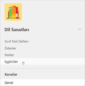 Teams’de sol gezintinin ekran görüntüsü, Bir liste sınıf not defterini, ödevleri, notları ve ardından içgörüleri gösterir.