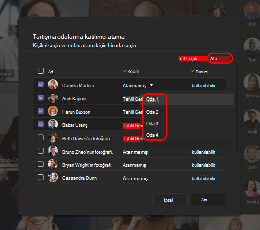 Katılımcılar için tartışma odaları seçmeyi gösteren resim.