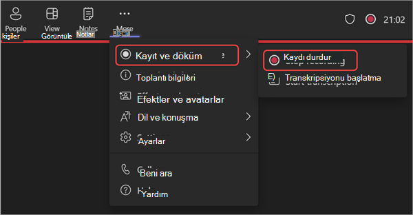 Bir web semineri sırasında kaydın nasıl durdurulacağını gösteren ekran görüntüsü