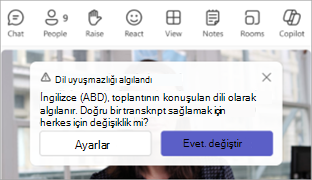 Toplantıların konuşulan dilini güncelleştirmenizi isteyen Teams bildiriminin ekran görüntüsü.