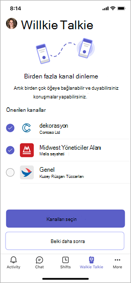Önerilen kanalları ve Kanalları seç düğmesini gösteren El Telsizi ekranı.