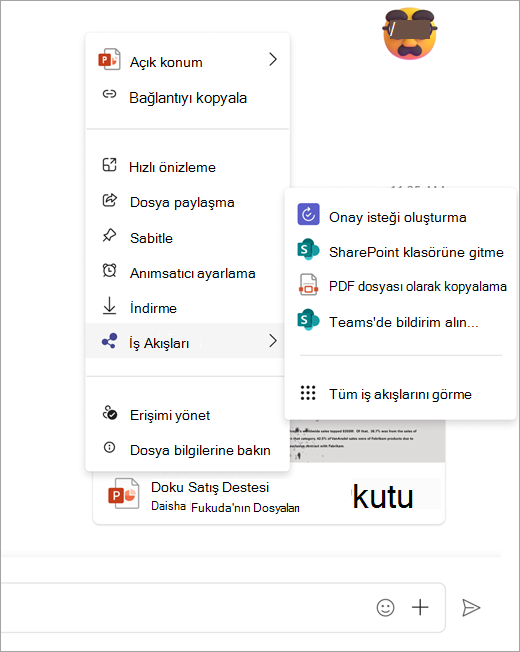 Paylaşılan bir dosyadan açılan iş akışı menüsünü gösteren ekran görüntüsü