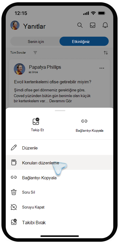Bir mobil cihazda Viva EngageViva Engage'daki konuları düzenleme menüsünün ekran görüntüsü.