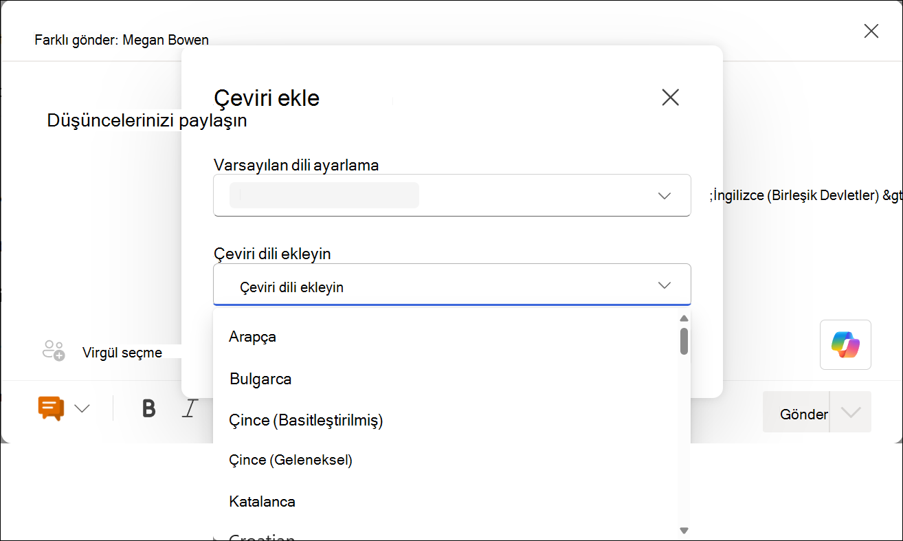 Çeviri kümenizi ayarlamak için dil açılan seçicinin ekran başlığı