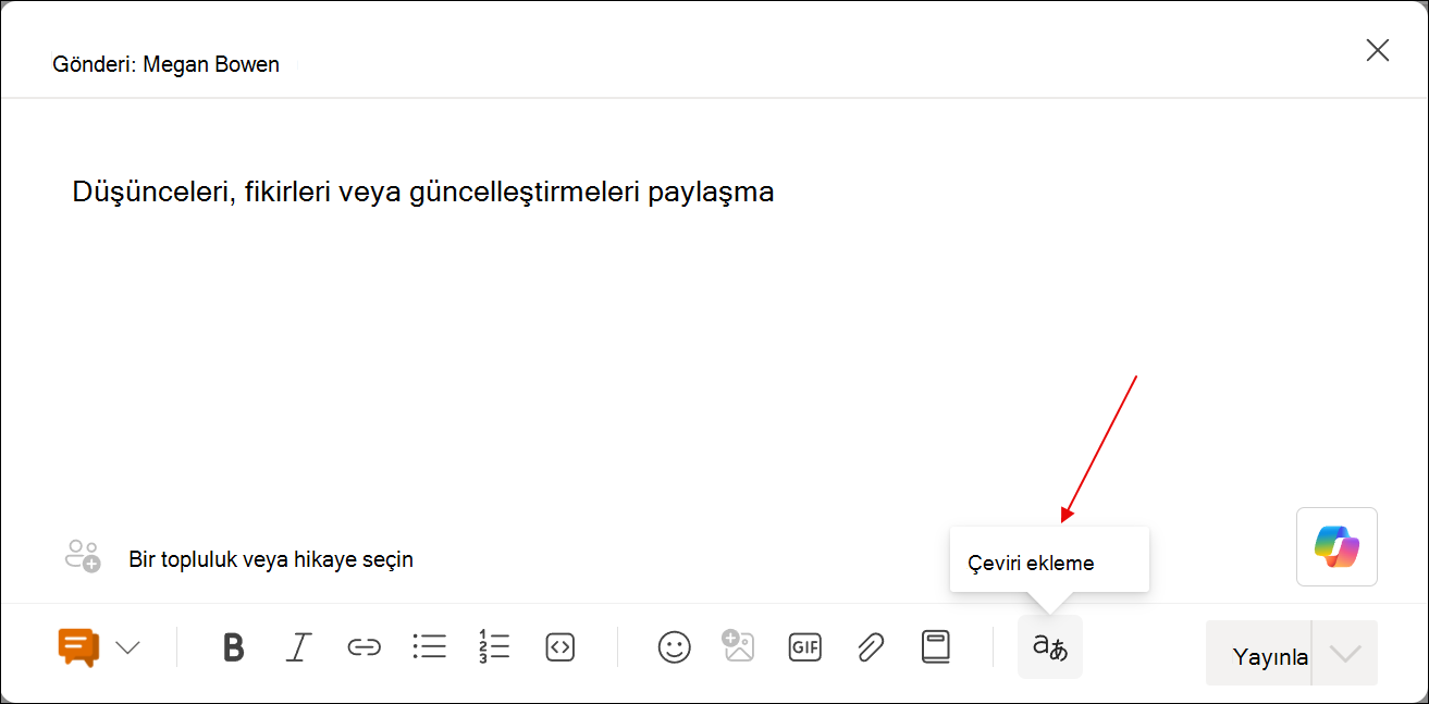 Çeviri ekle aracıyla yazma sonrası iletişim kutusunun ekran görüntüsü