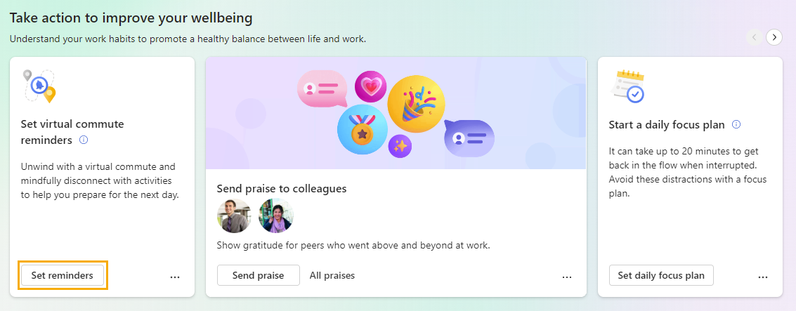 Screenshot showing the Set reminders start card for Virtual commute.