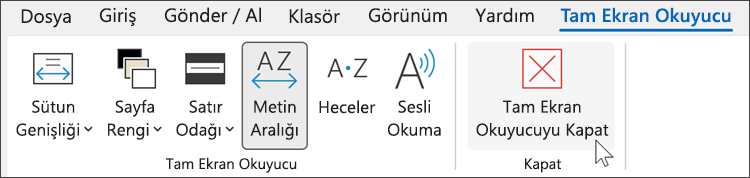 İmleç kapat'ın üzerinde gezinirken outlook'ta tam ekran okuyucu aracı
