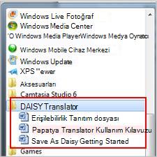 Yüklemeden sonra Daisy dosyalarını gösteren Başlat menüsü