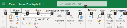 Web için Excel'de şerit sekmesi tuşu ipuçları.