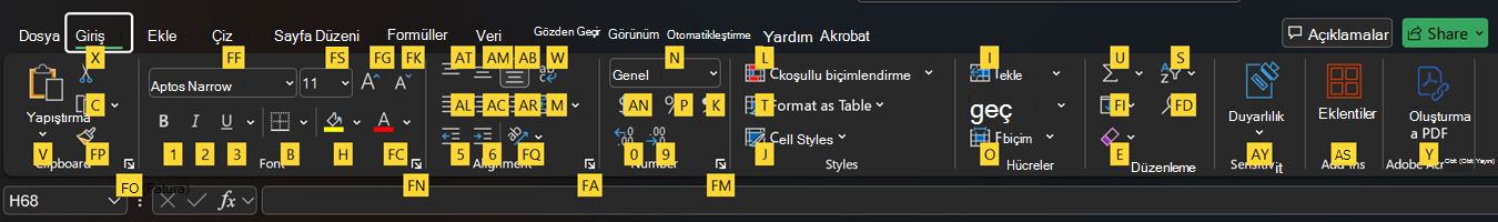 Excel şerit tuş ipuçları.