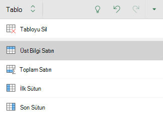 Android için Excel'da bir tablo için üst bilgi satırı seçeneği belirlenmiş