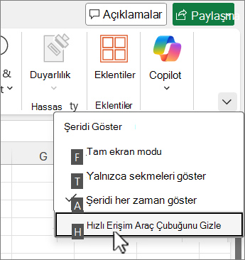 Hızlı Erişim Araç Çubuğu'nu gizlemek için klavye komutu