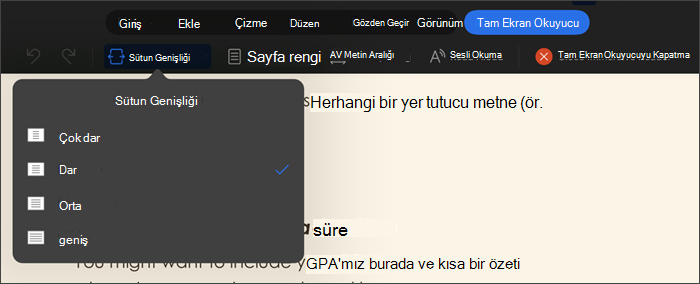 tam ekran okuyucunun sütun genişliği seçili ekran görüntüsü, seçenekler çok dar, dar, orta, geniş