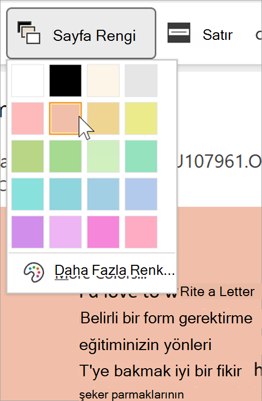 tam ekran okuyucu için sayfa rengi açılır menüsünün ekran görüntüsü. Bir renk paleti gösterilir ve açılır menünün arkasında görünen arka plan pastel turuncudur
