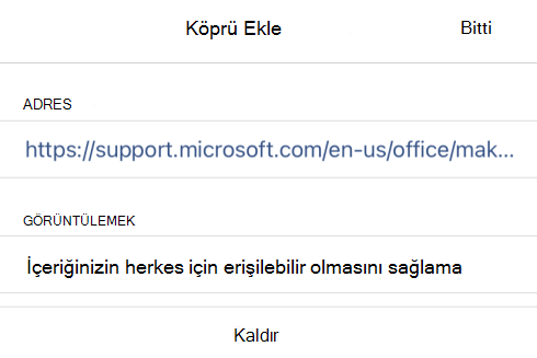 iOS için OneNote'ta bağlantı görüntüleme metnini gösteren Köprü Ekle iletişim kutusu İçeriğinizi herkes için erişilebilir hale getirin ve bağlantı URL'si.