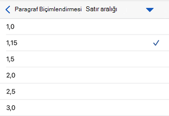 Satır aralığı seçenekleri WordWord for iOS.