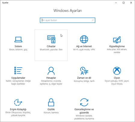 Windows cihaz ayarları resmi