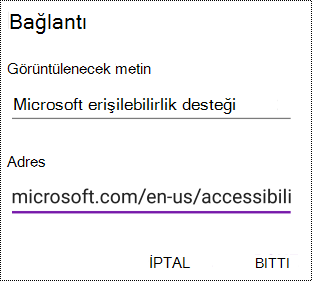 Android için OneNote'ta köprü ekle iletişim kutusu