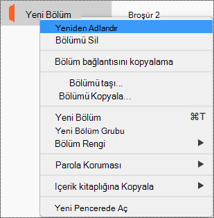 Bölümü yeniden adlandır’ın vurgulandığı Bölüm bağlam menüsü.