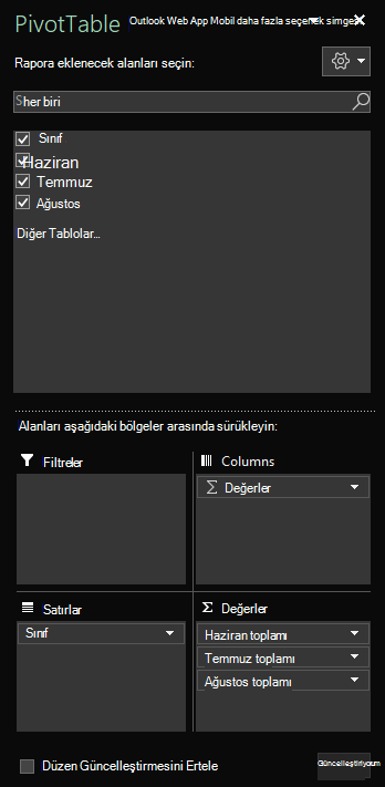 Windows için Excel'de açık olan ve seçili tablo alanlarını gösteren PivotTable Alanları bölmesi.