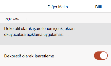iOS için PowerPoint'te Alternatif Metin iletişim kutusunda işaretli dekoratif olarak işaretle seçeneği.