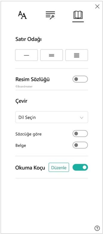 Tam ekran okuyucunun okuma tercihleri bölmesinin ekran görüntüsü; satır odağı, resimli sözlük, çeviri ve Okuma Koçu seçeneklerini gösteriyor.