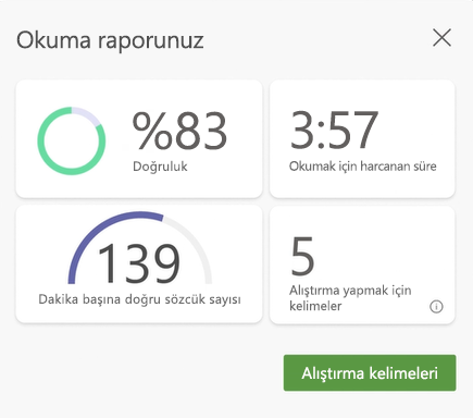 Okuma koçu oturumundan alınan verilerin ekran görüntüsü, doğruluk, okuma süresi, dakika başına doğru kelime ve pratik yapılacak sözcük sayısı gösteriliyor.