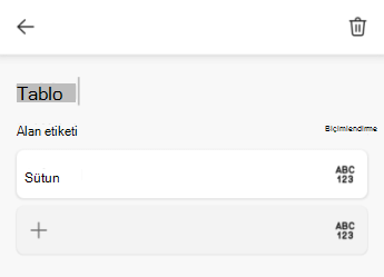 Tablo adı metin alanı Android için ExcelAndroid için Excel