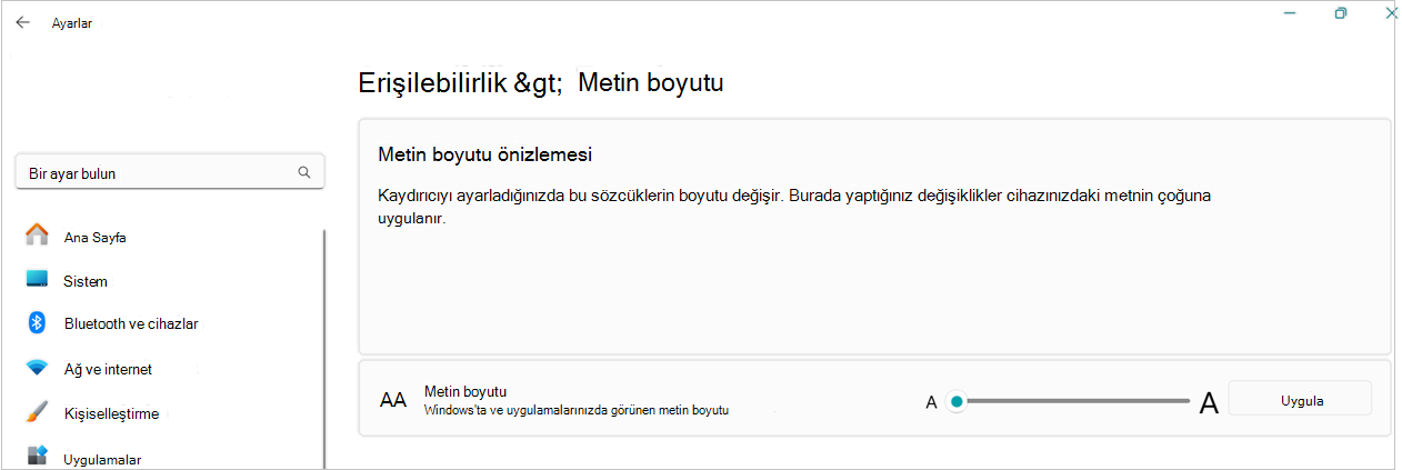 Windows 11'de bir metni yeniden boyutlandırmanın ekran görüntüsü